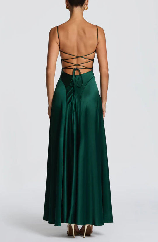 Elegant Satin A-Line Cowl Neck Pink Prom Dress with Lace-Up Back