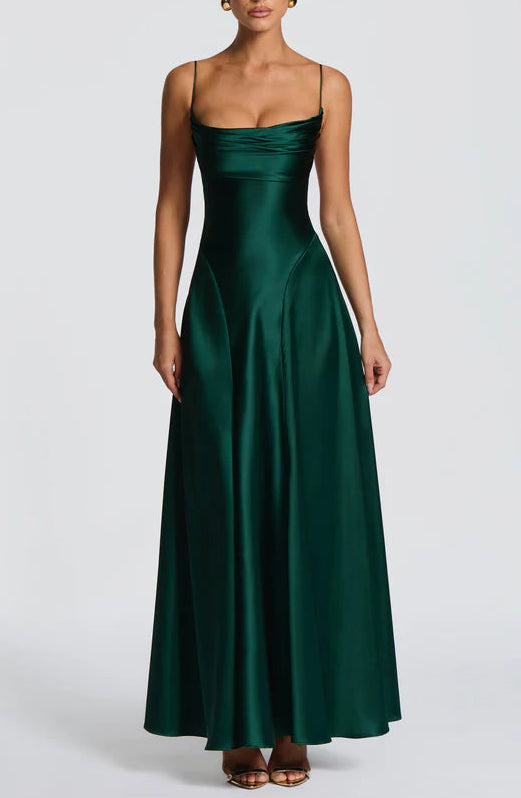 Elegant Satin A-Line Cowl Neck Pink Prom Dress with Lace-Up Back
