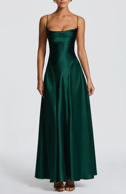 Elegant Satin A-Line Cowl Neck Pink Prom Dress with Lace-Up Back