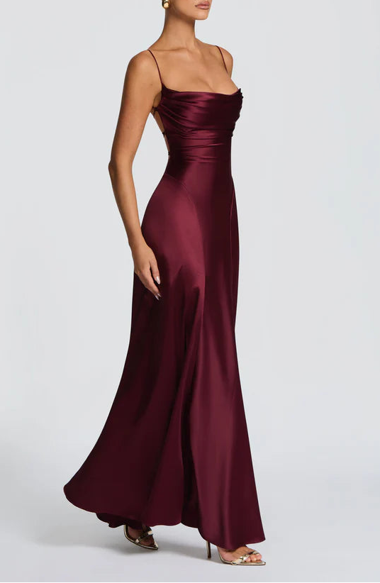 Elegant Satin A-Line Cowl Neck Pink Prom Dress with Lace-Up Back