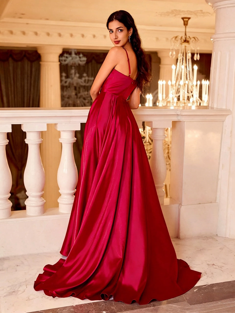 Elegant Satin A-Line Cowl Neck Open Back Slit Floor Length Evening Dress