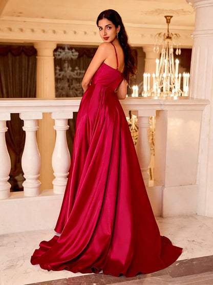 Elegant Satin A-Line Cowl Neck Open Back Slit Floor Length Evening Dress