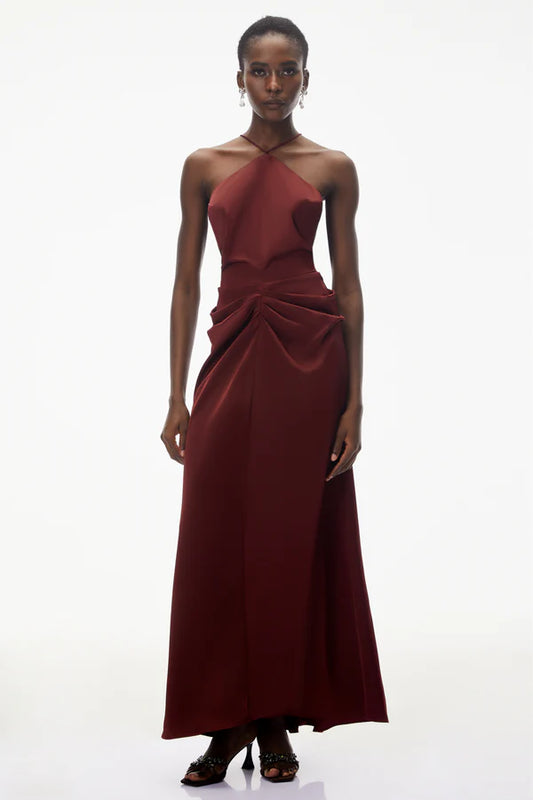 Elegant A-Line Halter Neck Tie-Back Waist Ruched Floor Length Satin Evening Dress