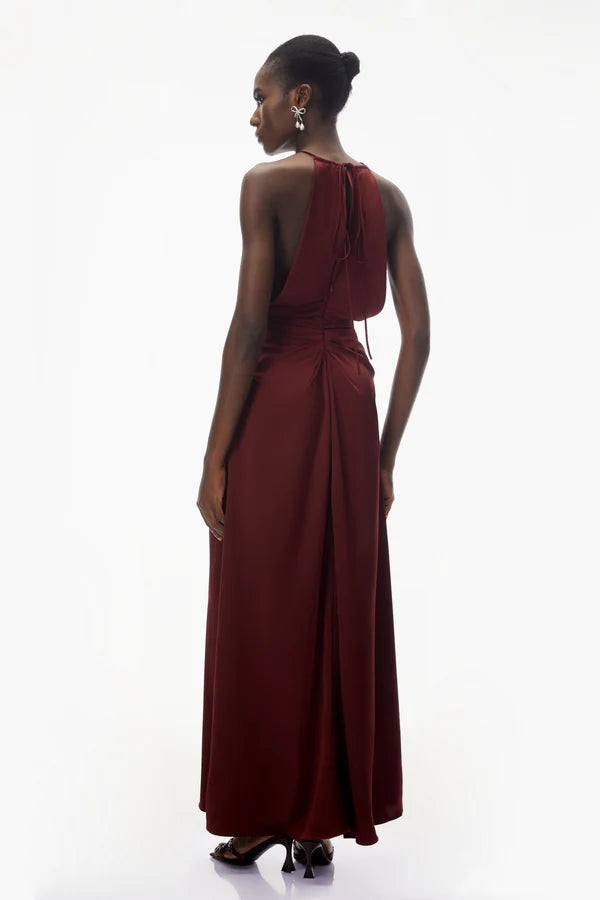 Elegant Satin A-Line Halter Neck Tie-Back Ruched Floor Length Evening Dress