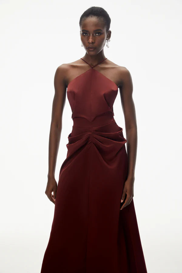 Elegant Satin A-Line Halter Neck Tie-Back Ruched Floor Length Evening Dress
