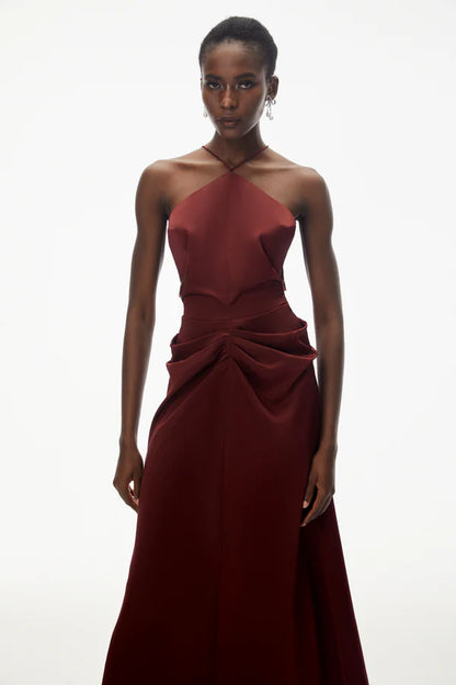 Elegant Satin A-Line Halter Neck Tie-Back Ruched Floor Length Evening Dress