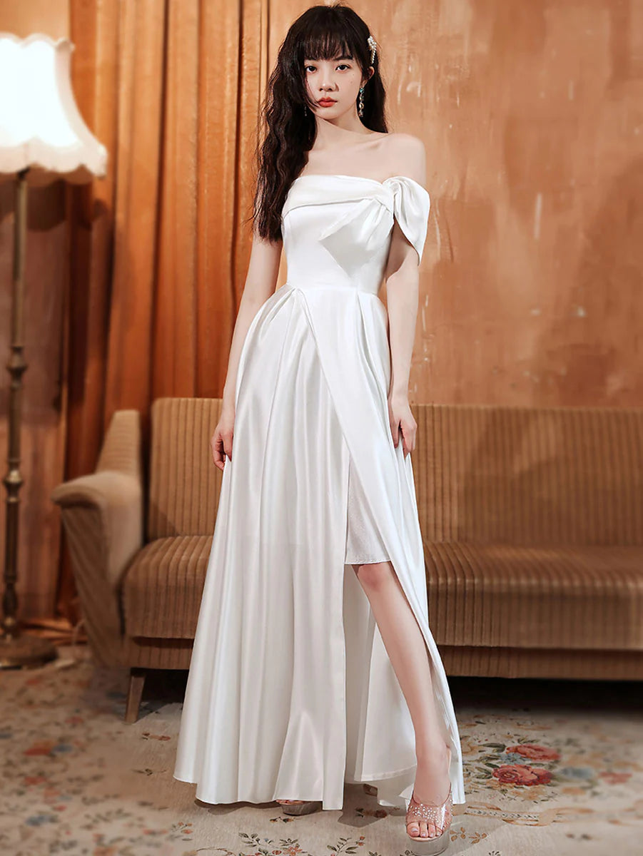 Elegant A-Line Off-the-Shoulder Corset Back Floor-Length Satin Prom Dress