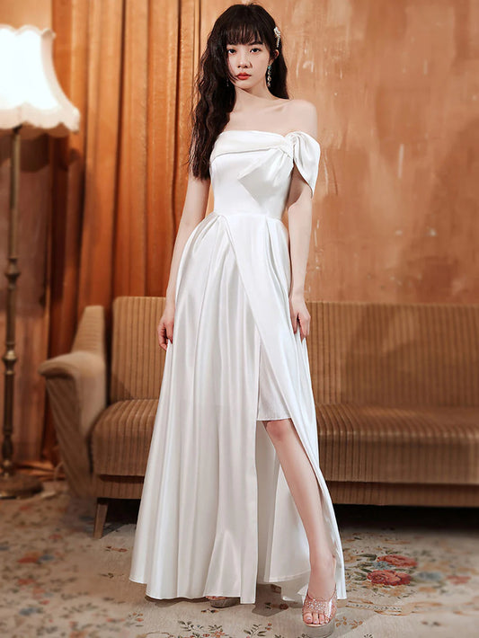 Elegant A-Line Off-the-Shoulder Corset Back Floor-Length Satin Prom Dress