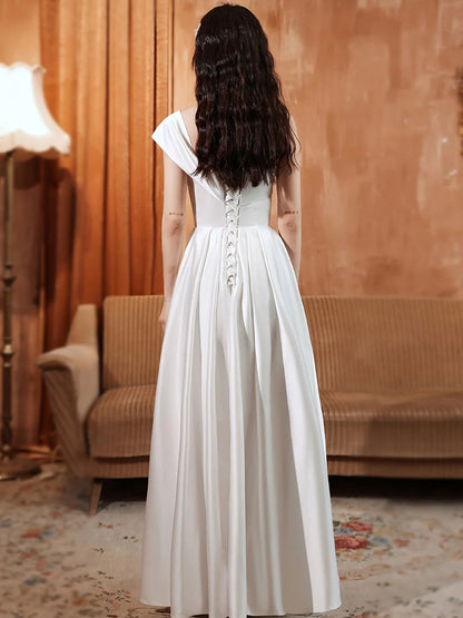 Elegant A-Line Off-the-Shoulder Corset Back Floor-Length Satin Prom Dress