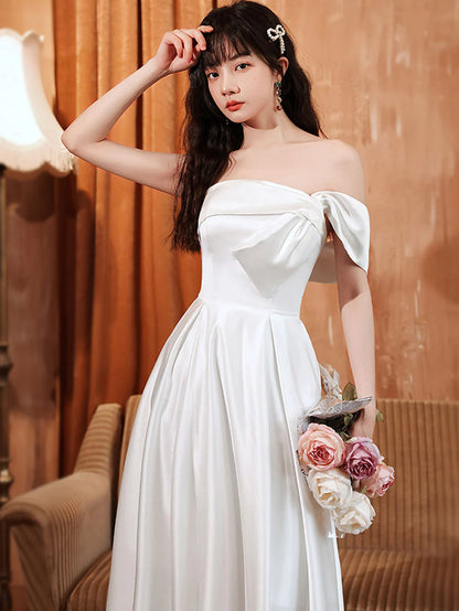 Elegant A-Line Off-the-Shoulder Corset Back Floor-Length Satin Prom Dress