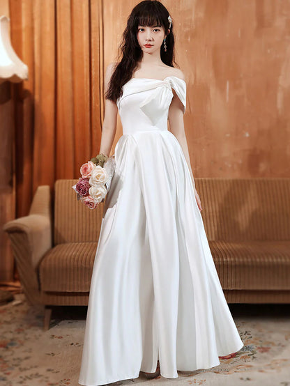 Elegant A-Line Off-the-Shoulder Corset Back Floor-Length Satin Prom Dress