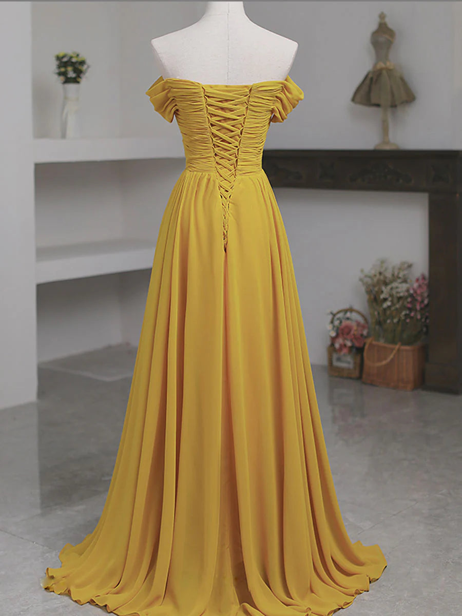 Elegant Chiffon A-Line Off-Shoulder Ruched Lace-Up Floor Length Prom Dress