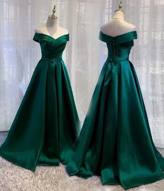 Elegant A-Line Off-the-Shoulder Sleeveless Lace-Up Back Floor-Length Satin Prom Dresses