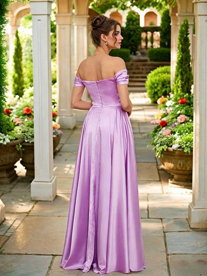 Elegant Satin A-Line Off-Shoulder Sweetheart High-Slit Floor-Length Evening Gown