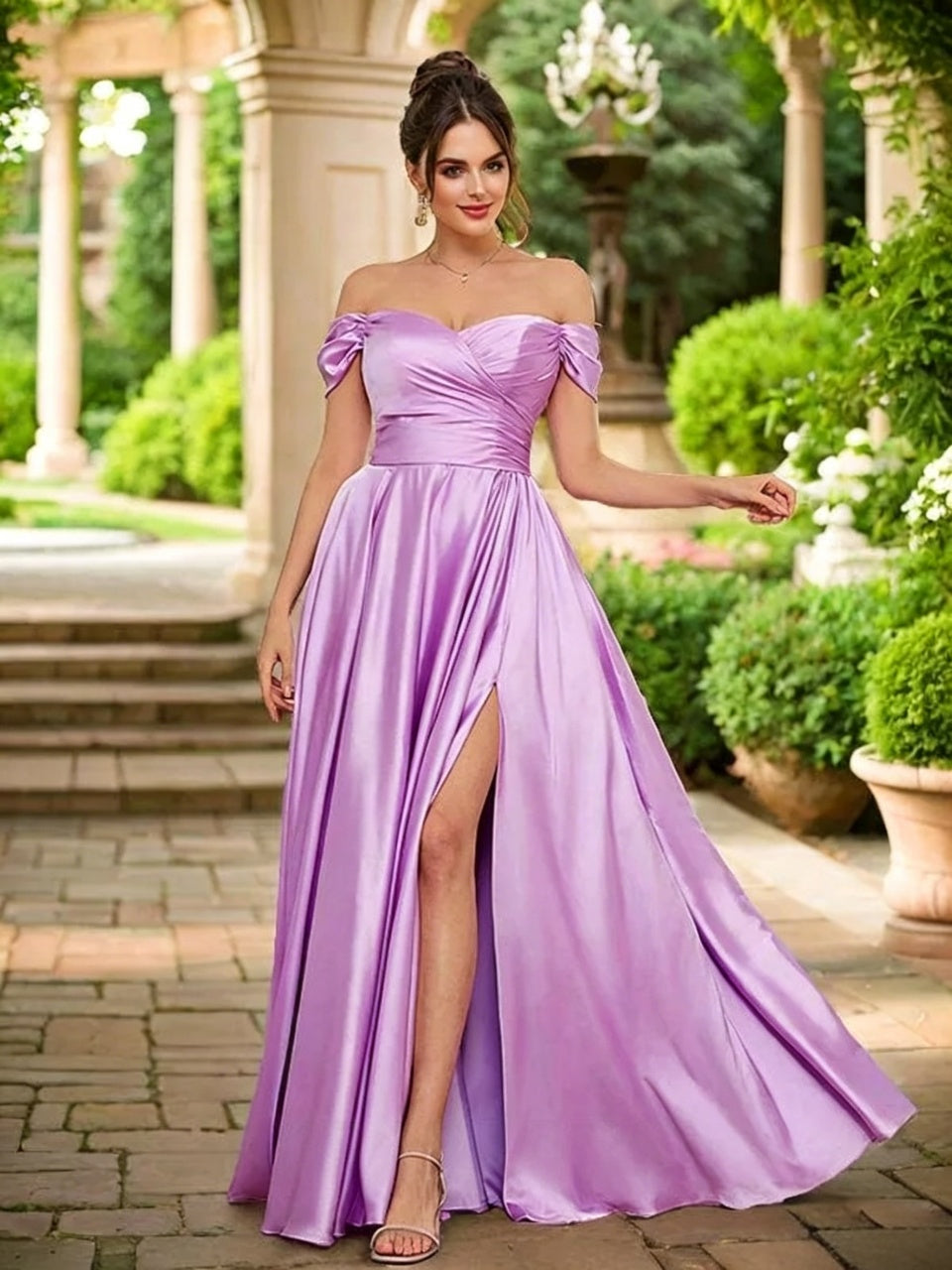 Elegant Satin A-Line Off-Shoulder Sweetheart High-Slit Floor-Length Evening Gown