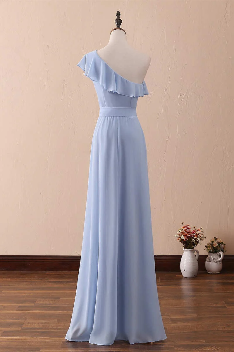 Elegant A-Line Prom Dress One-Shoulder Ruffle Waist Sash Floor Length