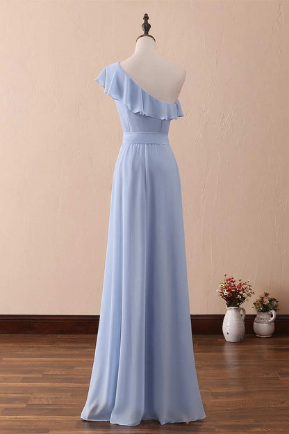 Elegant A-Line Prom Dress One-Shoulder Ruffle Waist Sash Floor Length