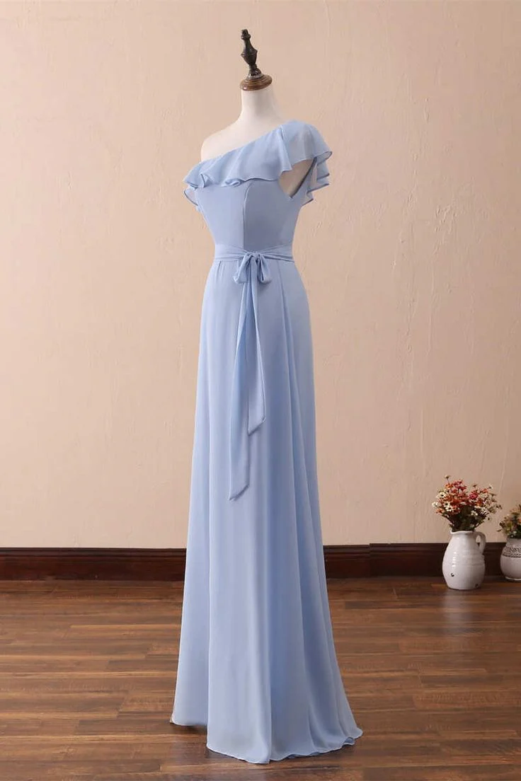 Elegant A-Line Prom Dress One-Shoulder Ruffle Waist Sash Floor Length