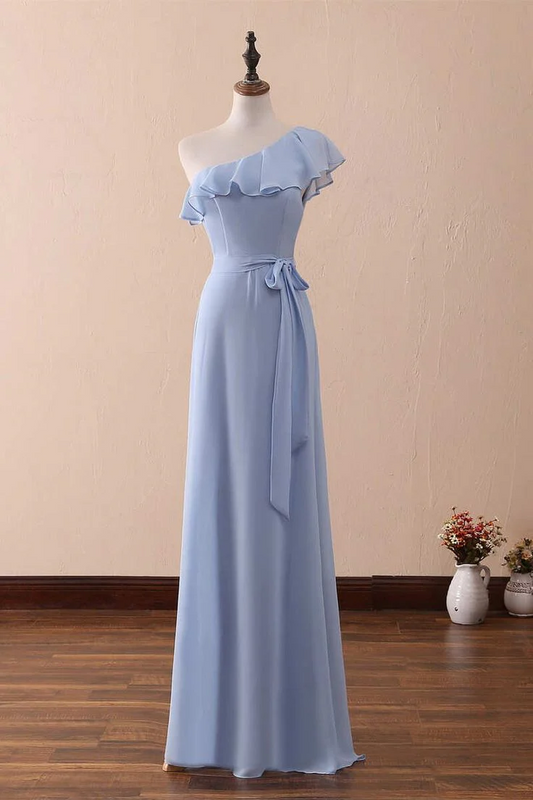 Elegant A-Line Prom Dress One-Shoulder Ruffle Waist Sash Floor Length