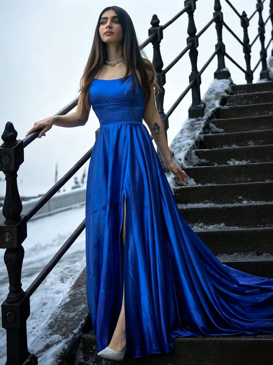 Elegant A-Line Square-Neck Crisscross-Back High-Slit Floor-Length Evening Dress