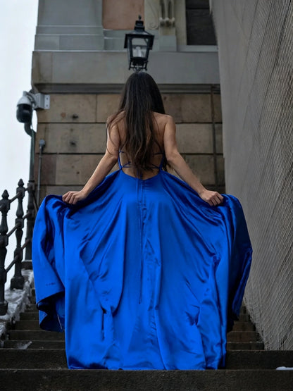 Lustrous Satin A-Line Square-Neck Crisscross-Back High-Slit Floor-Length Evening Dress