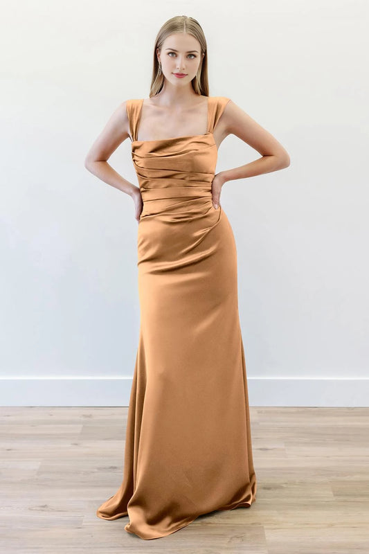 Elegant A-Line Square Neck Sleeveless Ruched Open Back Satin Floor-Length Evening Dress