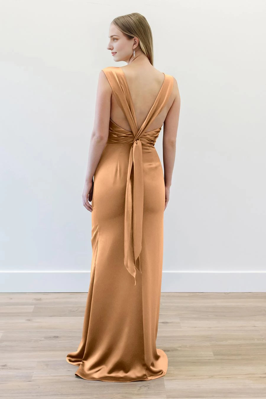Elegant A-Line Square Neck Sleeveless Ruched Open Back Satin Floor-Length Evening Dress