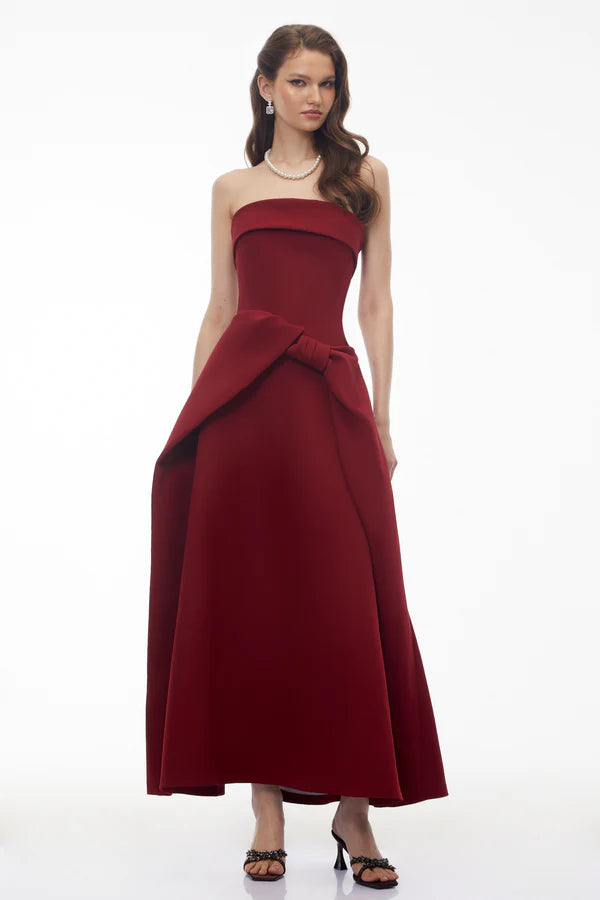 Elegant A-Line Strapless Folded Neck Waist Bow Detail Midi Formal Evening Dress
