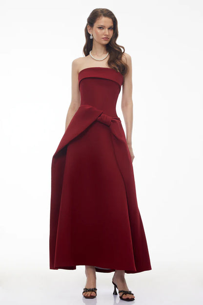 Elegant A-Line Strapless Folded Neck Waist Bow Detail Midi Formal Evening Dress