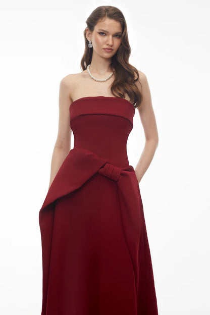 Elegant A-Line Strapless Folded Neck Waist Bow Detail Midi Formal Evening Dress