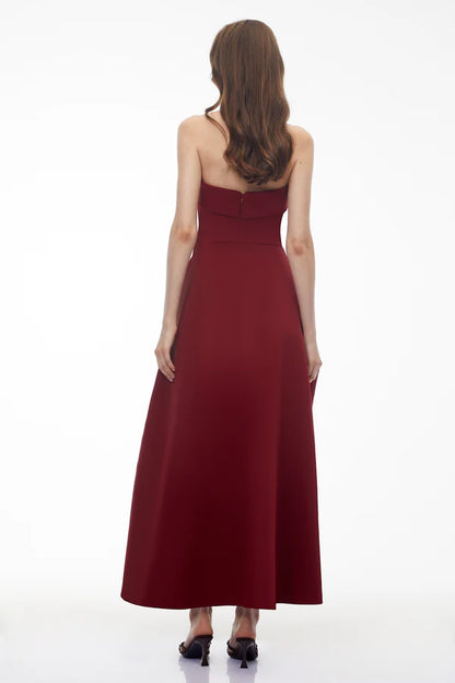 Elegant A-Line Strapless Folded Neck Waist Bow Detail Midi Formal Evening Dress