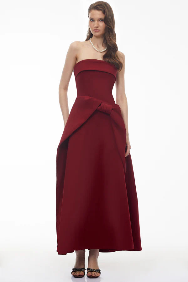Elegant A-Line Strapless Folded Neck Waist Bow Detail Midi Formal Evening Dress