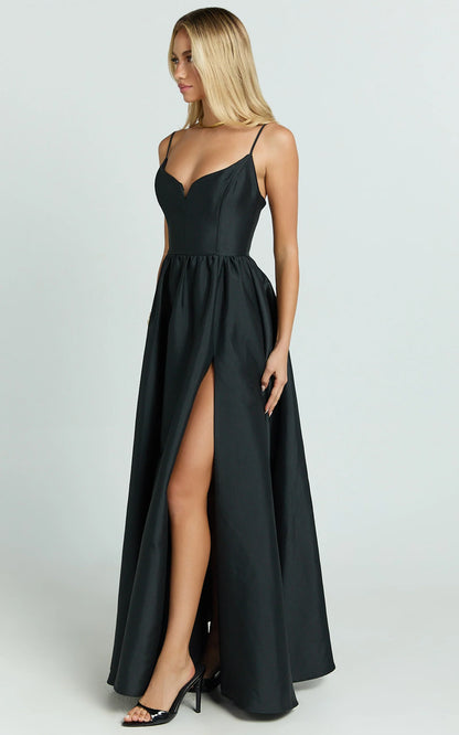 Elegant Lustrous A-Line Sweetheart Spaghetti Strap Slit Floor Length Evening Dress