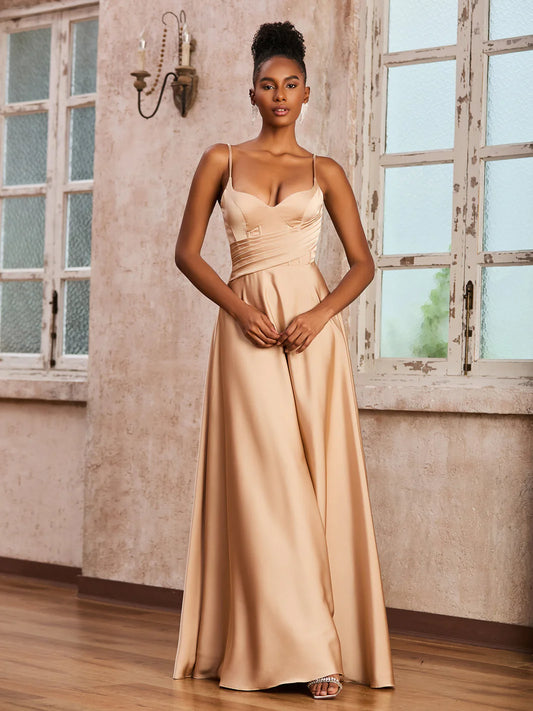 Elegant A-Line Sweetheart Spaghetti Strap Waist Ruched Floor Length Satin Evening Dress