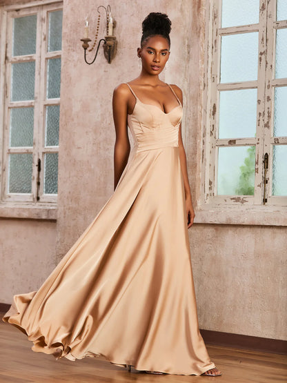 Elegant Lustrous Satin A-Line Sweetheart Ruched Floor-Length Evening Dress