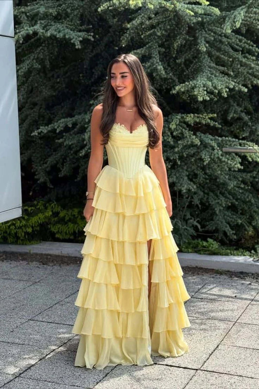 Elegant A-Line Sweetheart Strapless Corset Back Tiered Ruffle Slit Floor Length Prom Dress