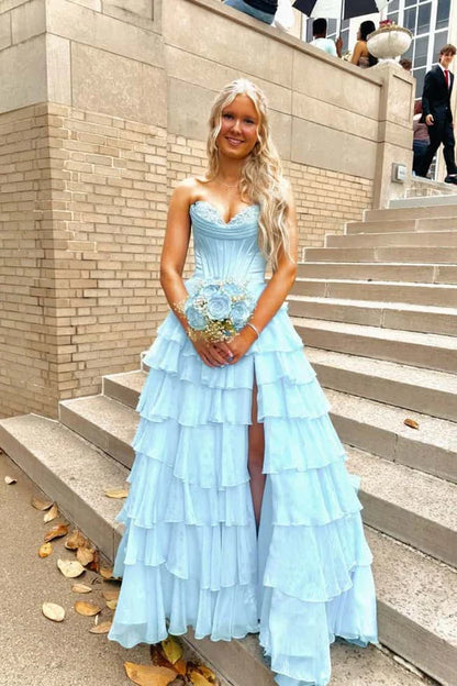 Elegant Chiffon A-Line Sweetheart Corset Tiered Ruffle Light Blue Prom Dress