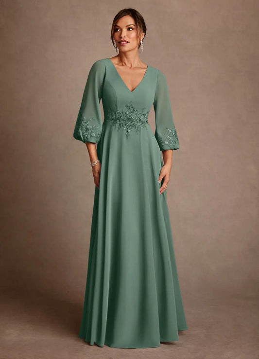 Elegant Chiffon A-Line V-Neck 3/4 Sleeve Lace Mother of the Bride Dress