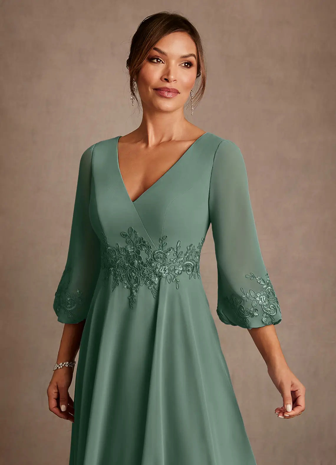 Elegant Chiffon A-Line V-Neck 3/4 Sleeve Lace Mother of the Bride Dress