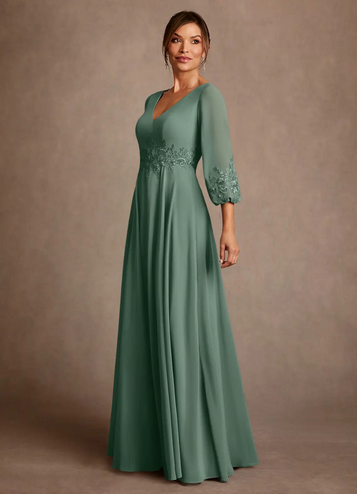 Elegant Chiffon A-Line V-Neck 3/4 Sleeve Lace Mother of the Bride Dress