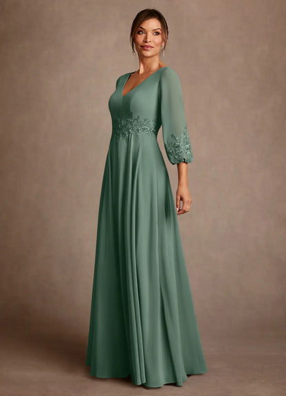 Elegant Chiffon A-Line V-Neck 3/4 Sleeve Lace Mother of the Bride Dress
