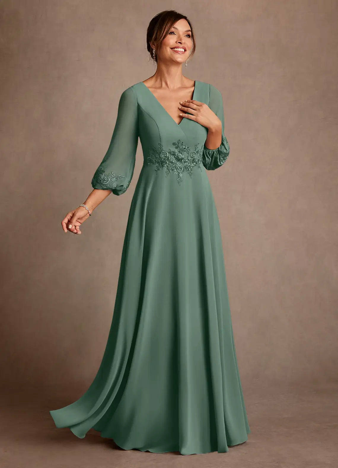 Elegant Chiffon A-Line V-Neck 3/4 Sleeve Lace Mother of the Bride Dress