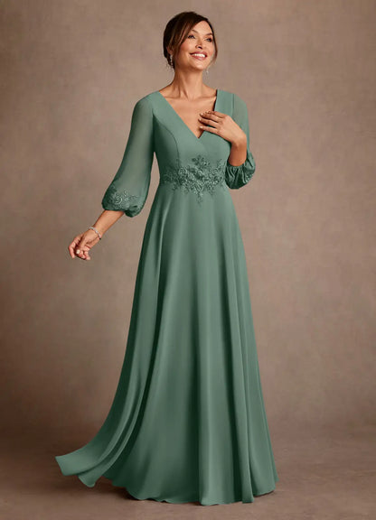 Elegant Chiffon A-Line V-Neck 3/4 Sleeve Lace Mother of the Bride Dress