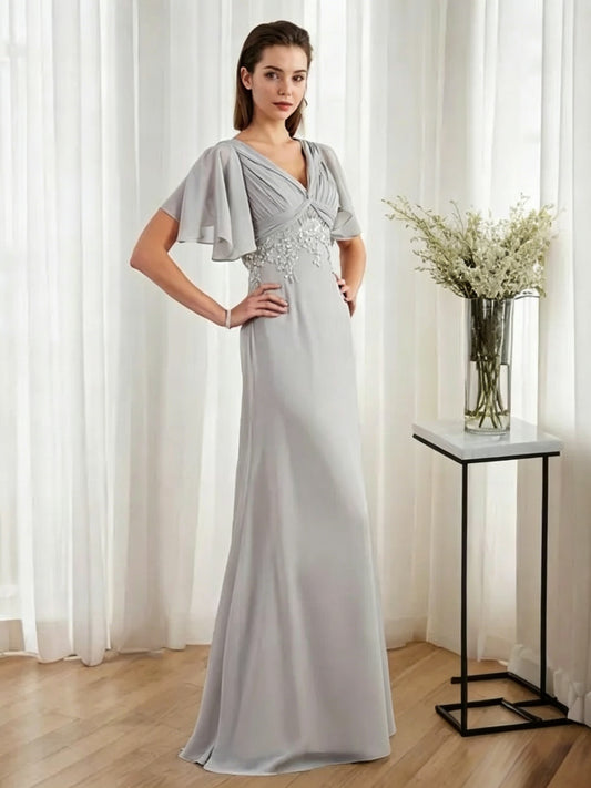 Elegant A-Line V-Neck Flutter-Sleeve Beaded-Waist Floor-Length Evening Dress