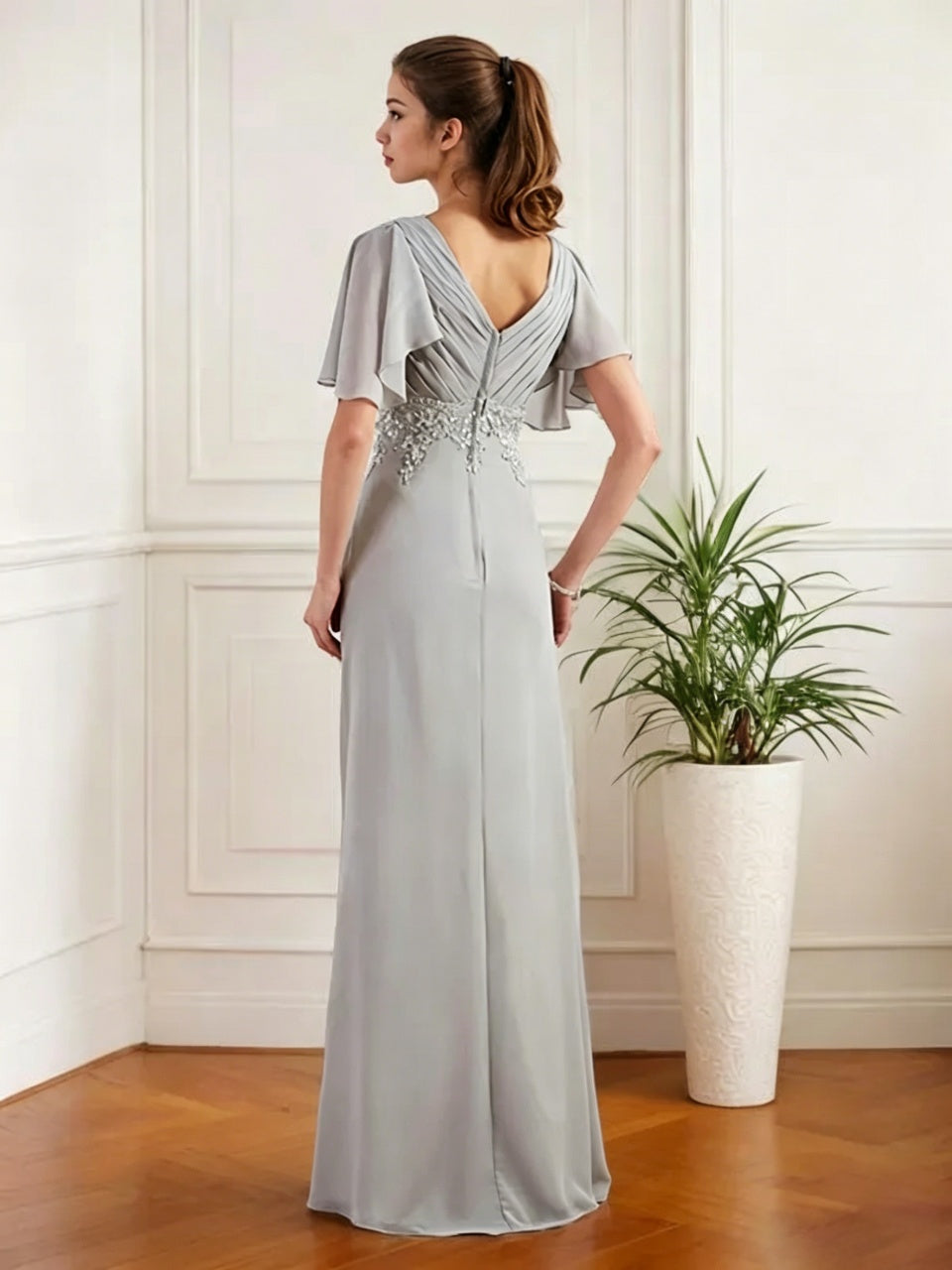 Sophisticated Chiffon A-Line V-Neck Flutter-Sleeve Beaded-Waist Floor-Length Gown