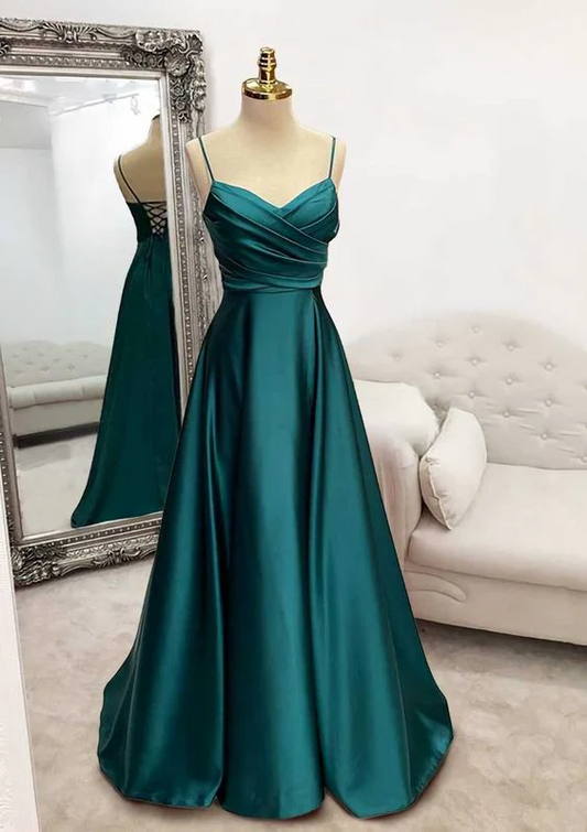 Elegant A-Line V-Neck Spaghetti Strap Lace-Up Back Floor-Length Satin Evening Dresses