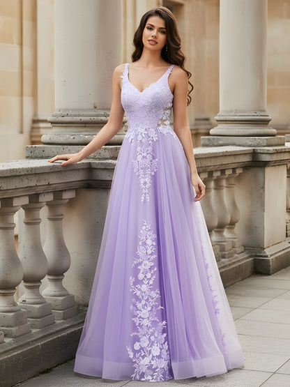 Elegant Tulle A-Line V-Neck Spaghetti Strap Lace-Up Floral Floor-Length Evening Dress