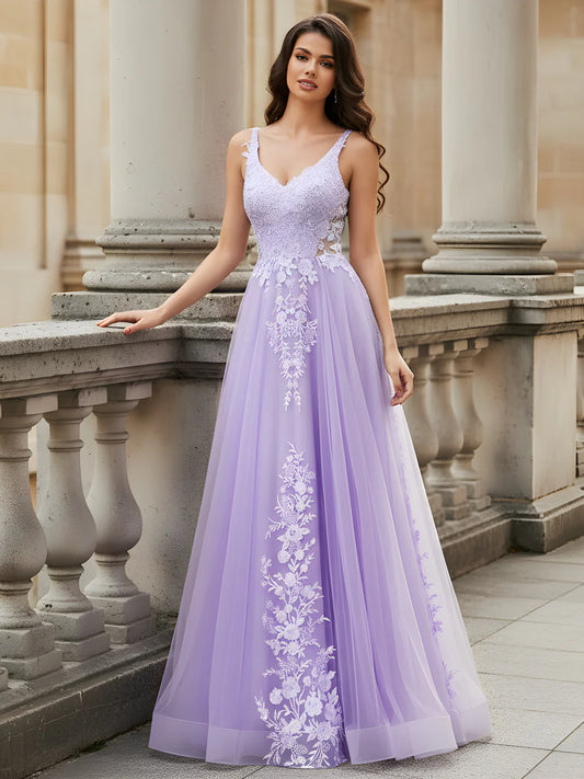 Elegant A-Line V-Neck Spaghetti Strap Lace-Up Back Floor Length Tulle Evening Dress