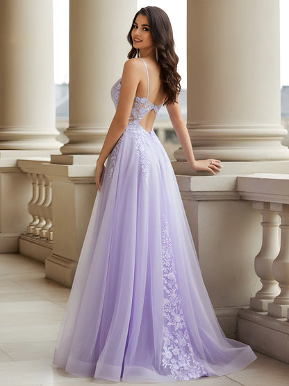 Elegant Tulle A-Line V-Neck Spaghetti Strap Lace-Up Floral Floor-Length Evening Dress