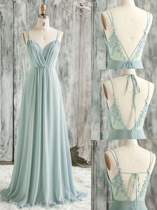 Elegant A-Line V-Neck Spaghetti Strap Lace Back Floor Length Chiffon Prom Dress